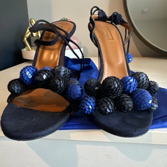 Aquazzura Blue Suede and Sequins Disco Thing Ankle Wrap Sandals Size 40 - Picture 7 of 7